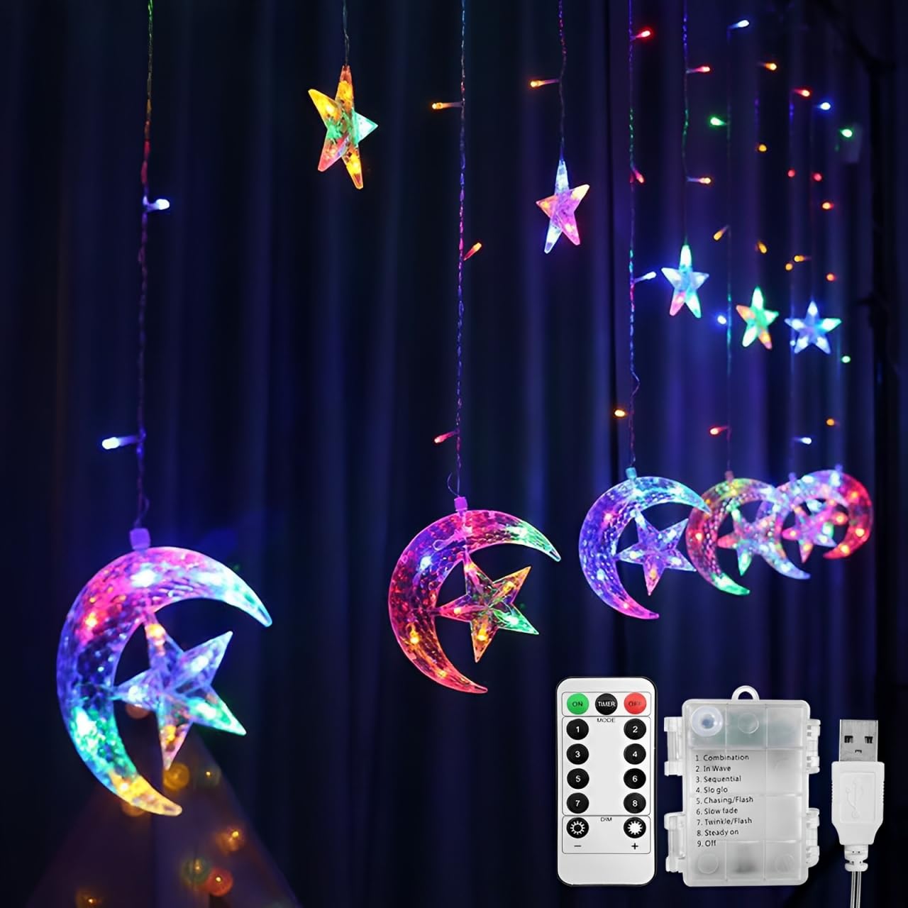 Jsdoin Christmas LED String Lights 3.5M LED Stars Moon Curtain Lights Christmas String Fairy Lights with USB+Battery-Powered and 8 Flashing Modes for Ramadan Christmas, Wedding Decoration