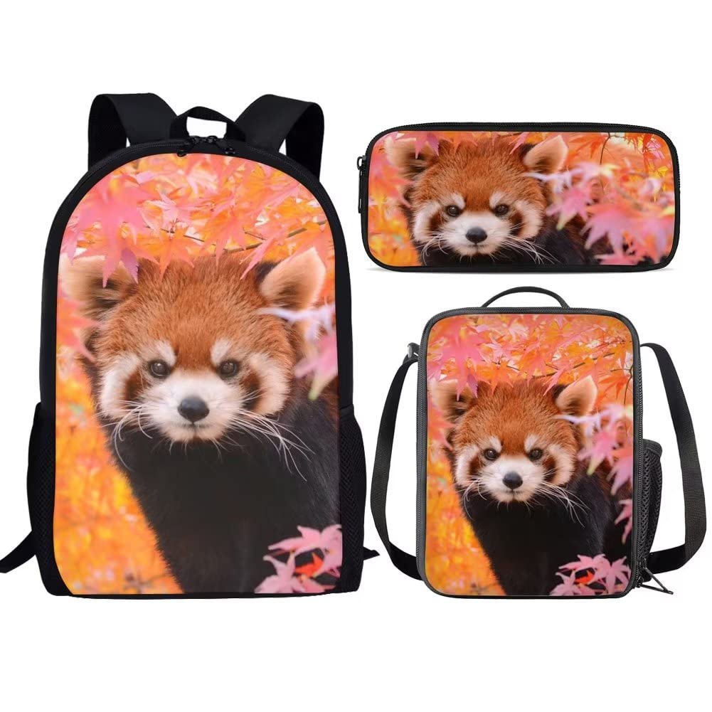 AmzPrint 3pcs Cute Kawaii Backpack Set For Girls Back To School Red Panda Backpack And Lunchbox For Middle School