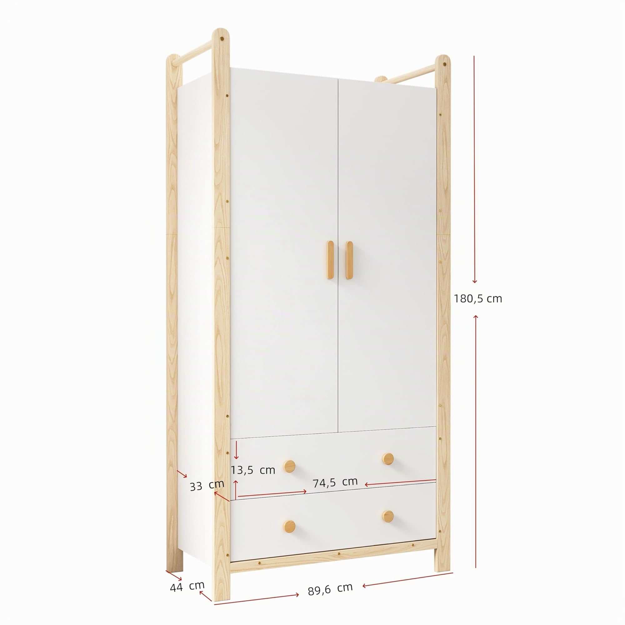Moimhear Armario de 2 puertas, 90 × 45 × 180,5 cm, armario con barra para colgar, 2 cajones, para dormitorio, salón, tablero de partículas (blanco+color madera)