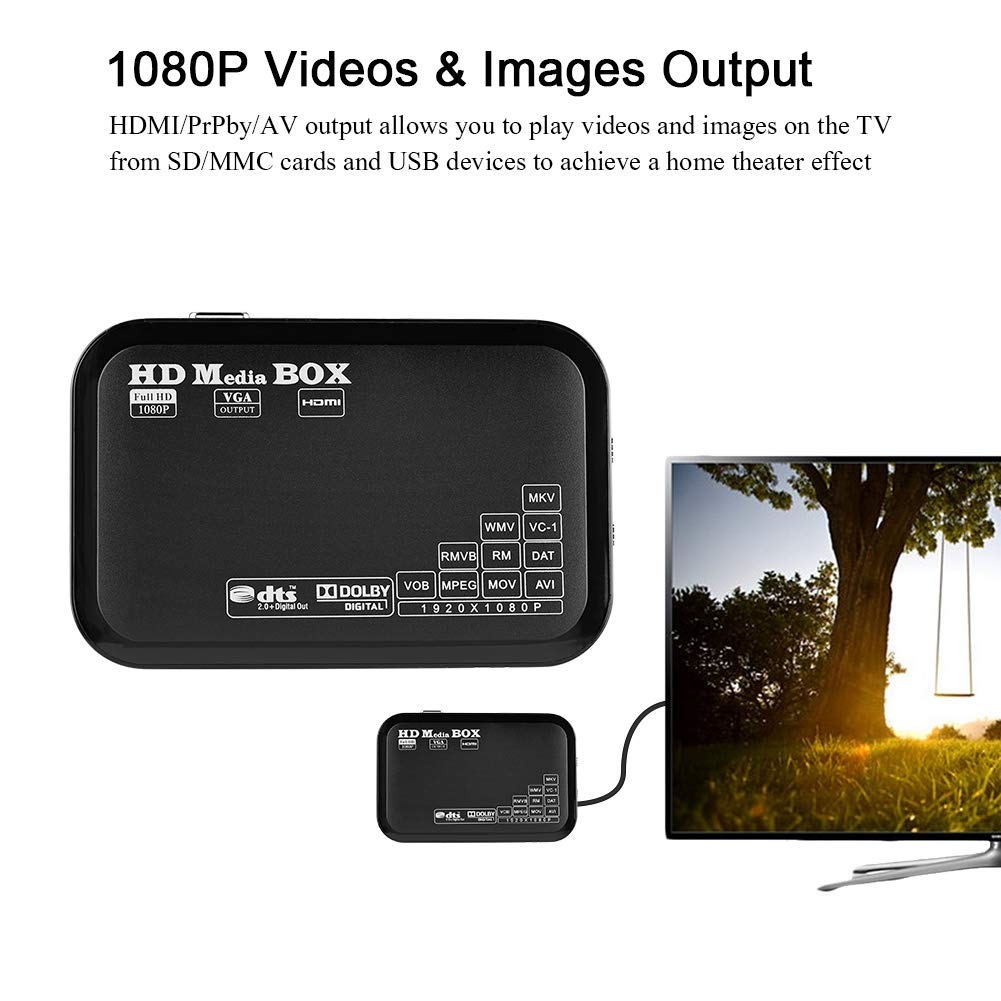 Vbestlife Full HD Mini Box Media Player, 16 języków 1080 P Media Player, obsługuje USB MMC RMVB MP3 AVI MKV, 110-240 V (EU)