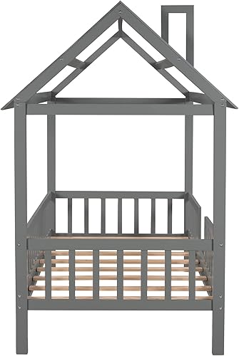 Miniatura 5 de Merax Cama de madera de tamaño individual con valla, techo, barandillas para niñas, niños, marco de cama de casa se puede decorar (gris)