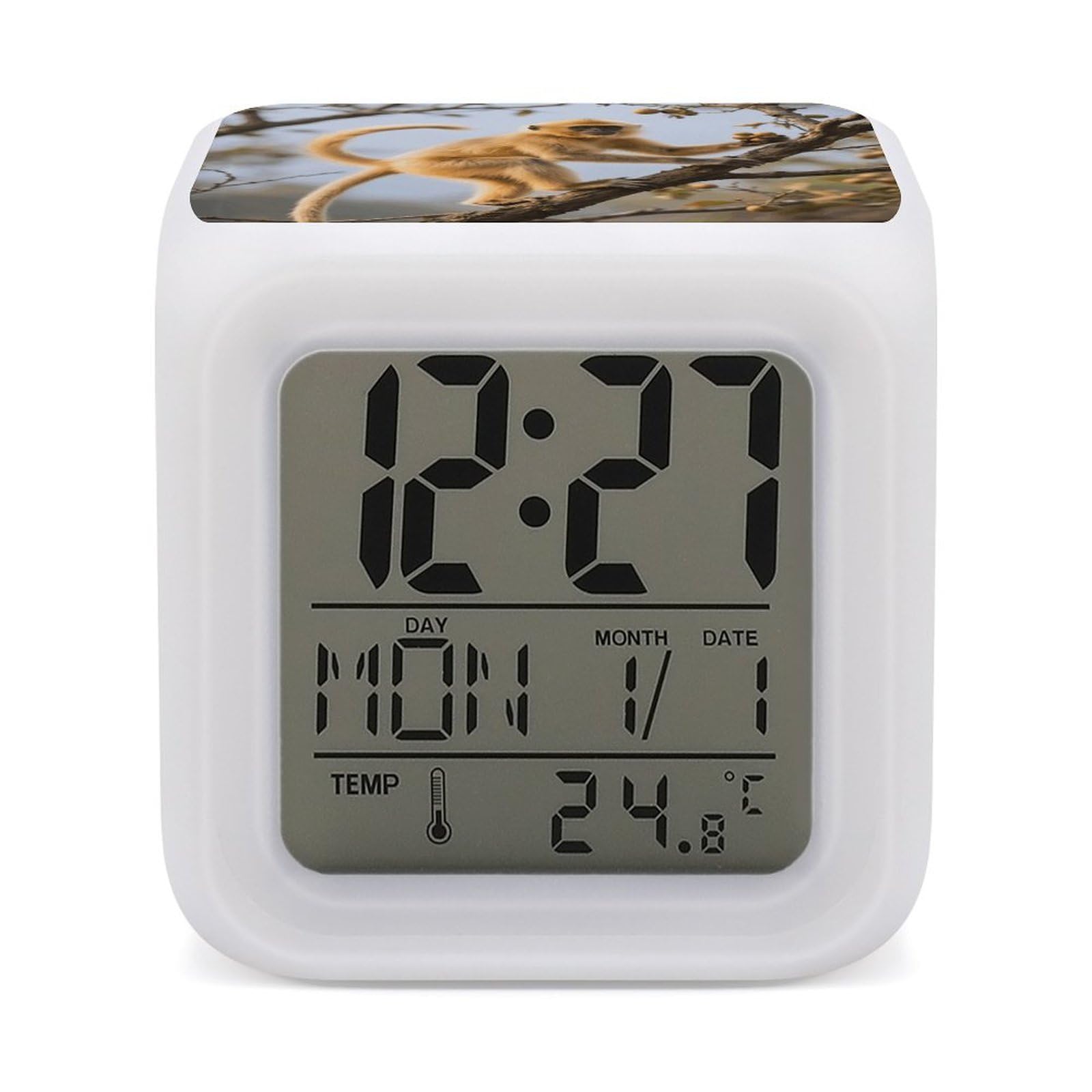 7 Color Ambient Night Light Cube Battery Operated Golden Snub-Nosed Monkey Digital Clock with Snooze Temperature LED Digital Alarm Clocks Dimmable Wake Up Light Portable Mood Lamp for Bedroom Desk Gif