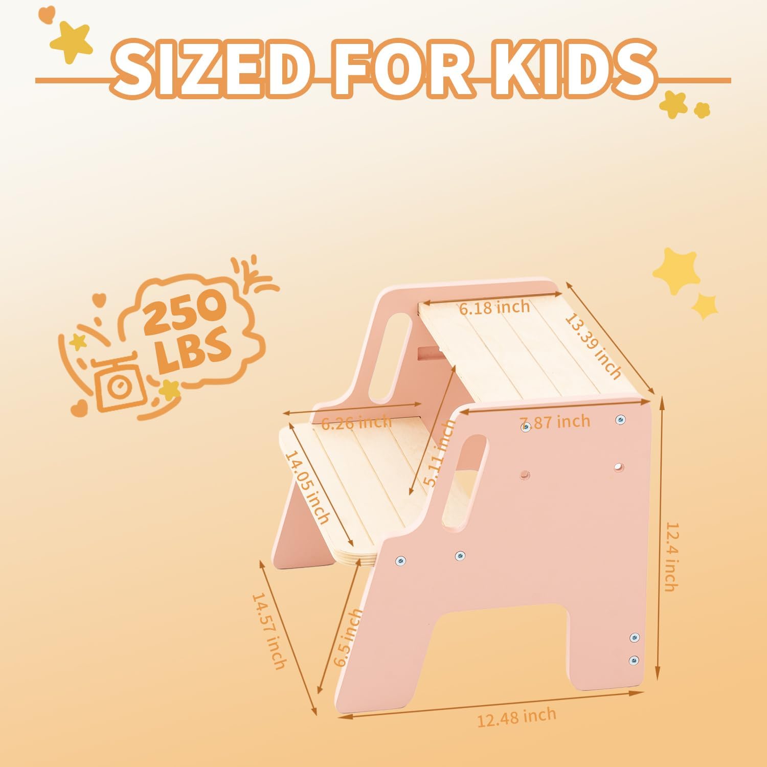 Swegrow Wooden Step Stool,Height-Adjustable 2-Step Stool for Toddler & Kids,Kids' Step Stools with Safety Non-Slip Pads and Handles for Kitchen, Bedroom,Bathroom and Washroom (Pink)