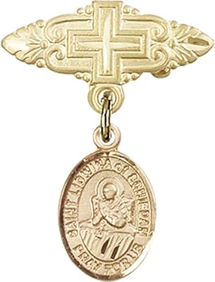 14kt Yellow Gold Baby Badge with St. Lidwina of Schiedam Charm and Badge Pin with Cross 1 X 3/4 inches