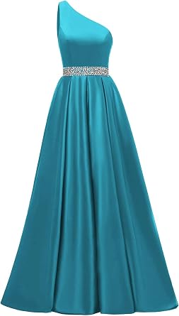 Yexinbridal One Shoulder Satin Prom Dresses with Pockets 2025 Ball Gown Beaded Formal Dresses for Women Evening Party