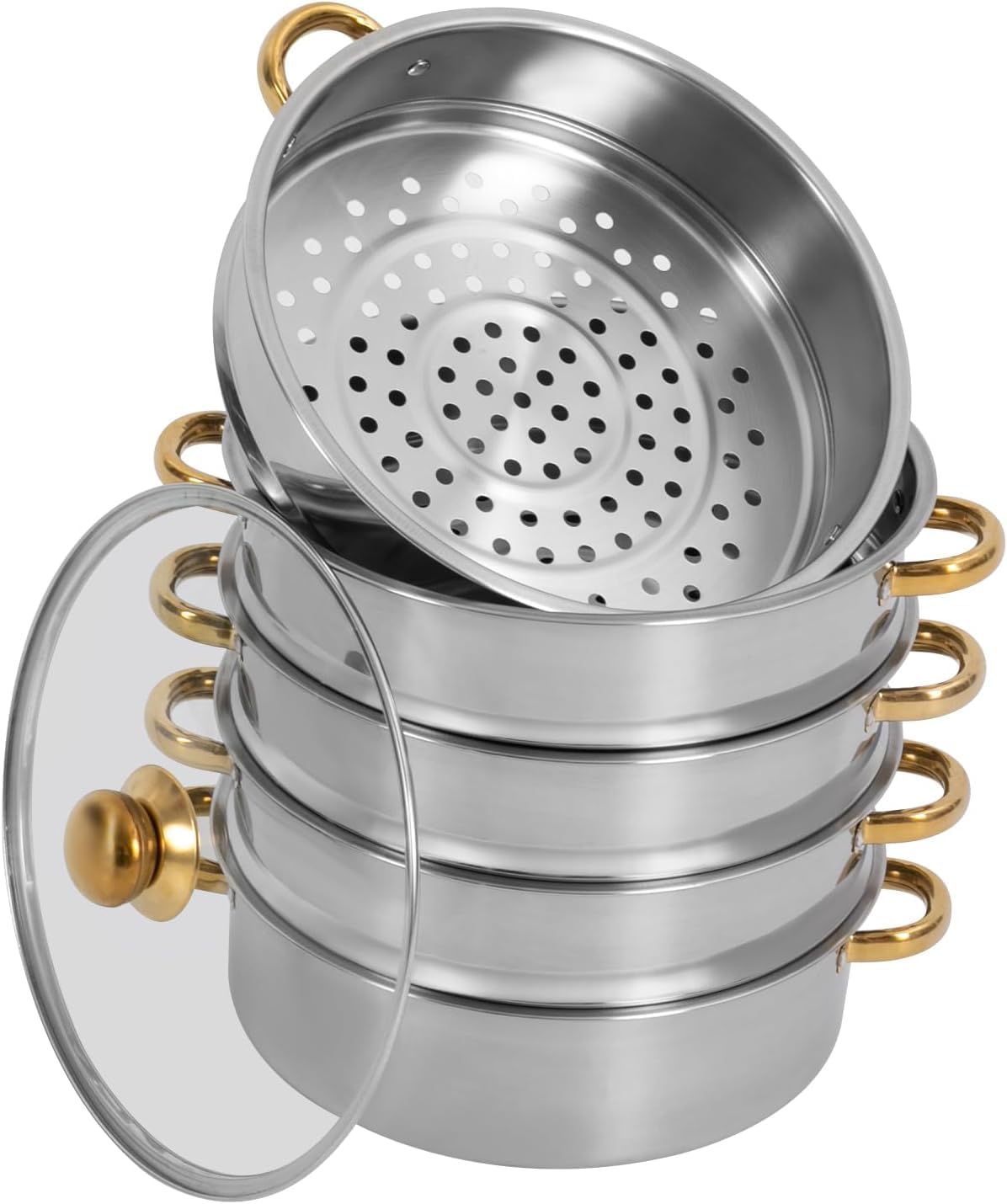 5-Tier Steamer for Cooking, Stainless Steel Steamer Pot, 2.38gal Capacity Non-stick Steaming Cookware, Multi-functional Tamale Pot for Gas/Induction Stoves (Diameter30cm)