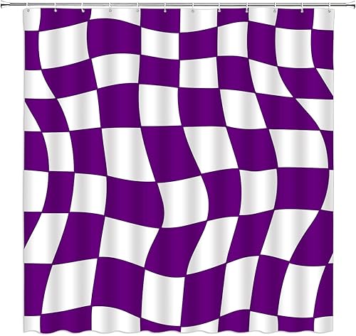 Miniatura 16 de Cortina de ducha a cuadros en blanco y negro, retro, estética, abstracta, de los años 60 y 70, tela hippie para decoración del hogar, juego de Negro