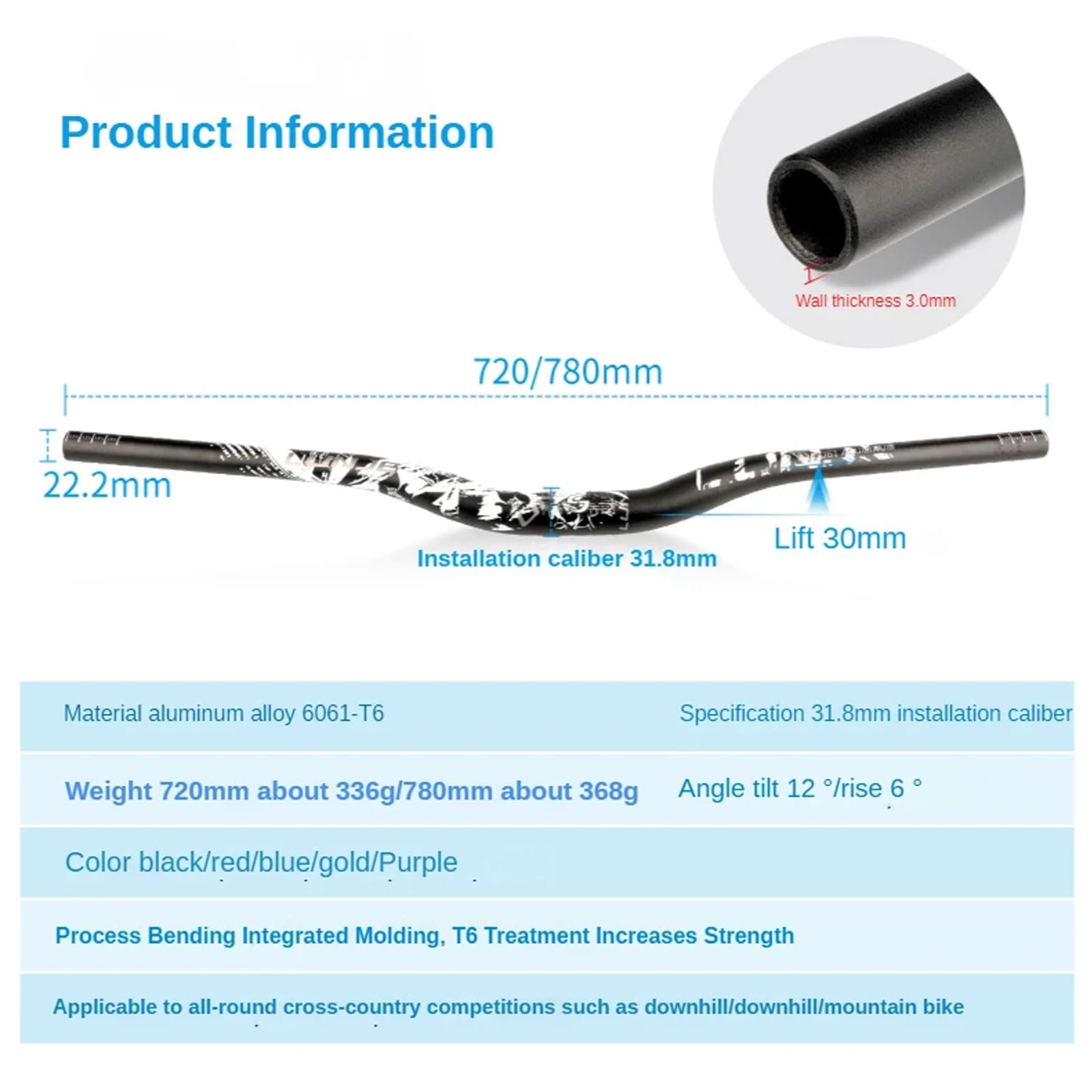 YLME Manubrio MTB, Manubrio MTB A Forma di Rondine 31.8 * 720/780 Mm, Manubrio MTB Montante del Manubrio della Bicicletta in Lega di Alluminio, per BMX-MTB