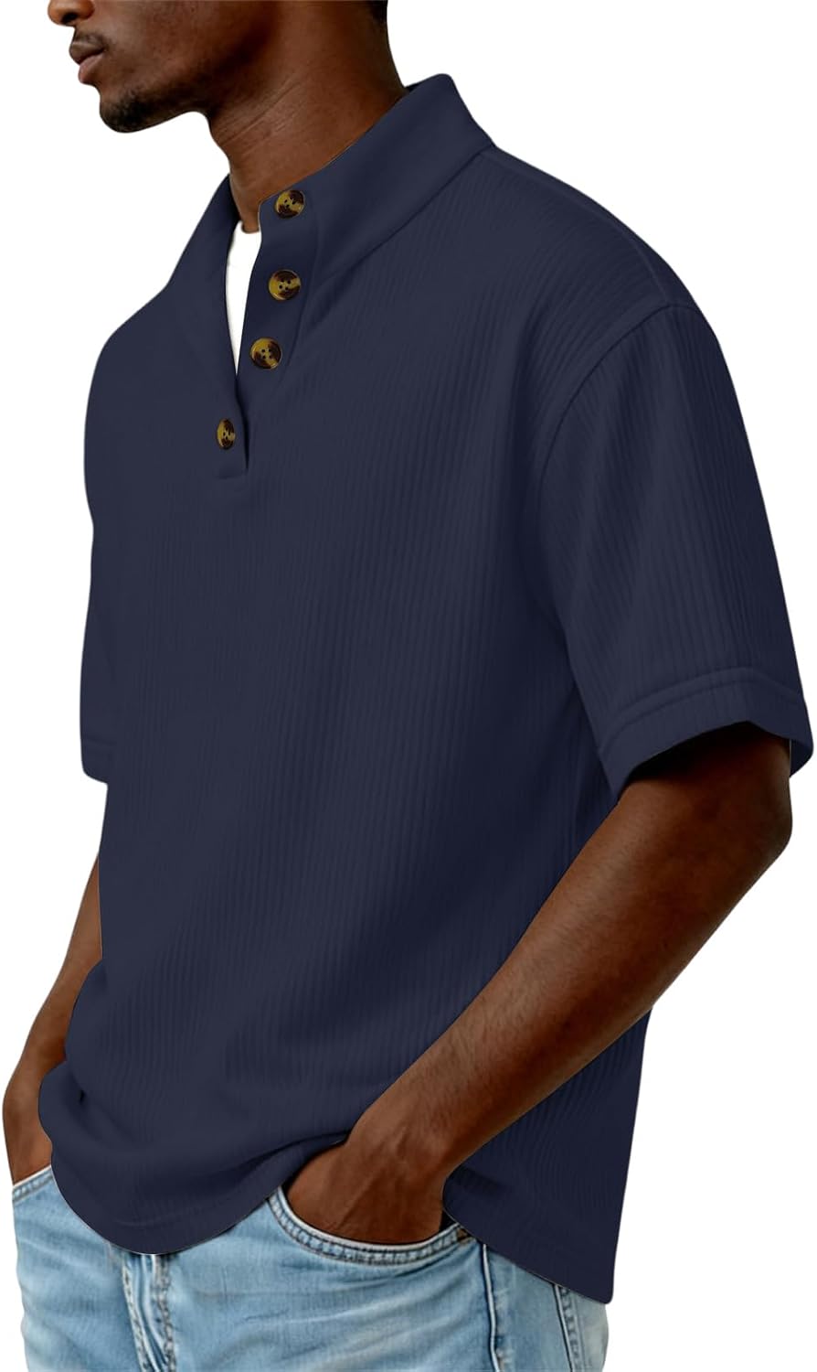 Shirts for Men Knit Short Sleeve Polo Shirt Textured Collared T-Shirt Trendy Summer Casual Top Ribbed Pattern Work Shirts