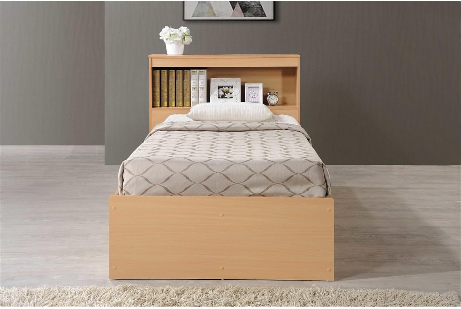 HomeStock Twin Size Medieval Moods Modern Storage Bed with 3 Drawers and Headboard with Spindles Feature, Laminated Finish - 85.6" L x 42.3" W x 39.2" H Beech