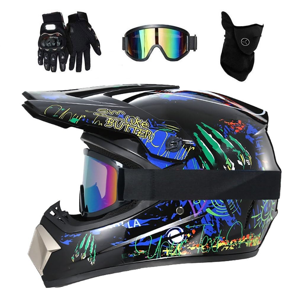 Dual Sport MTB Casco da Motocross, con Occhiali Guanti Maschera, Gioventù Bambini Integrali Fuori Strada ATV Scooter Strada Moto Caschi, Discesa BMX Quad Dirt Bike Enduro Casco