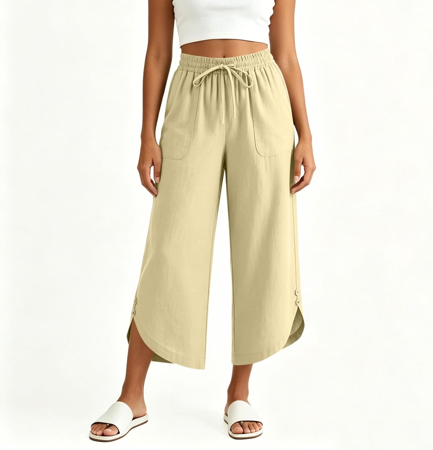Cotton Capri Pants for Women Loose Casual Wide Leg Drawstring Elastic Waist Cropped Pant Summer Linen Clothes