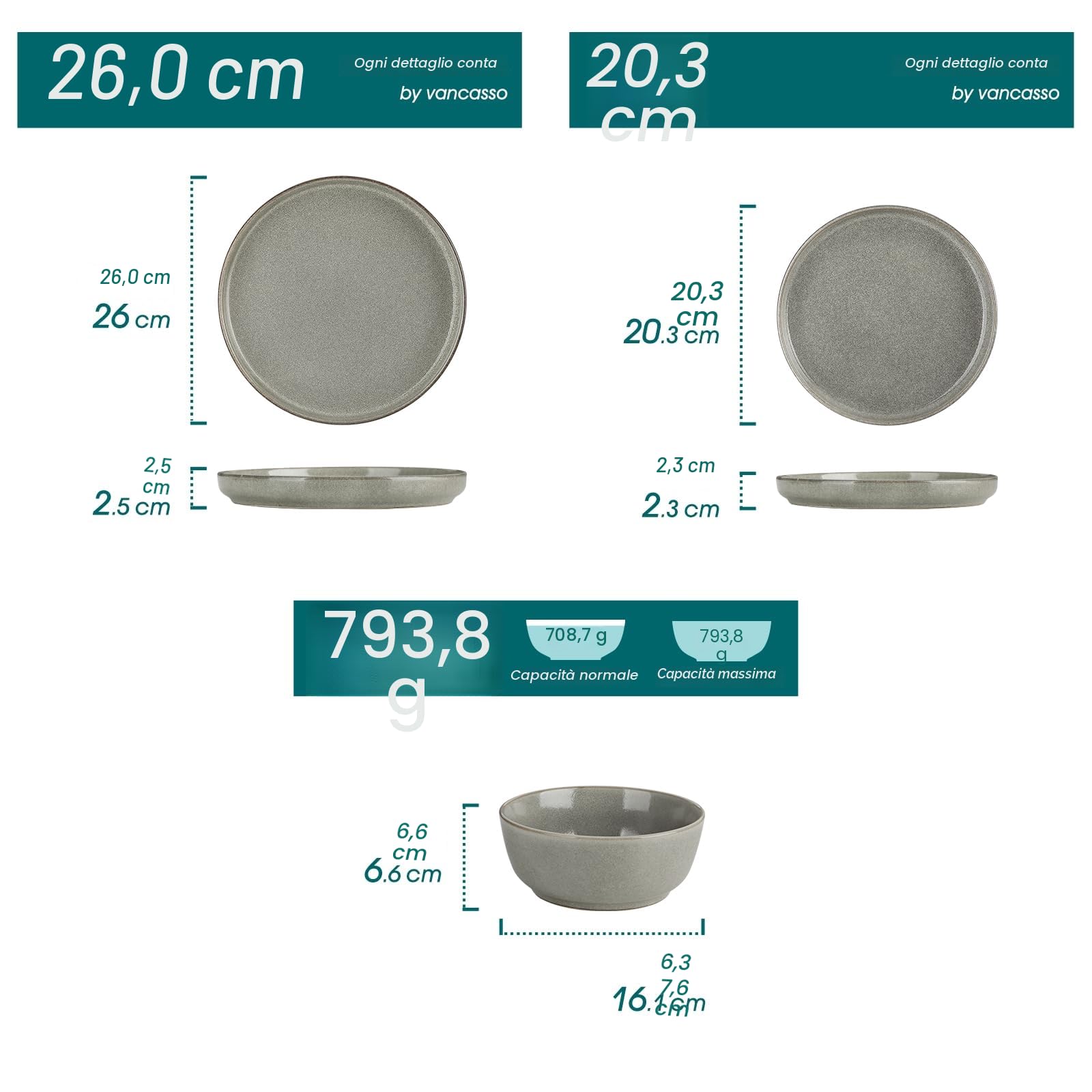 vancasso ANYA Servizio Piatti 18 Pezzi per 6 Persone, Set Piatti Moderni in Gres - 6 Piatti Piani, 6 Piatti Dessert e 6 Ciotole Cereali - Smalto Reattivo Marrone, Adatto per Microonde
