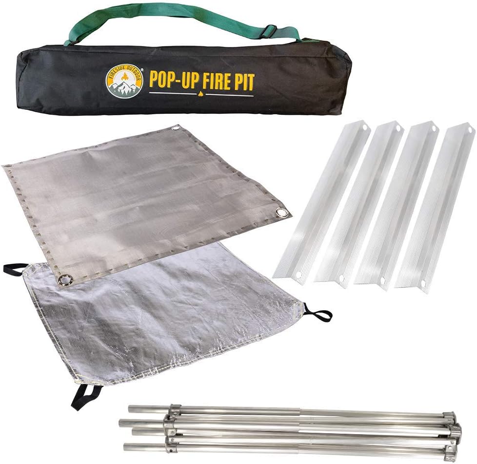 FIRESIDE OUTDOOR Pop-Up Fire Pit + Heat Shield + Extra Fire Mesh | Portable and Lightweight | Fullsize 24 Inch | Weighs 8lbs. | Never Rust Fire Pit | Heat Shield Included for Leave No Trace Fires