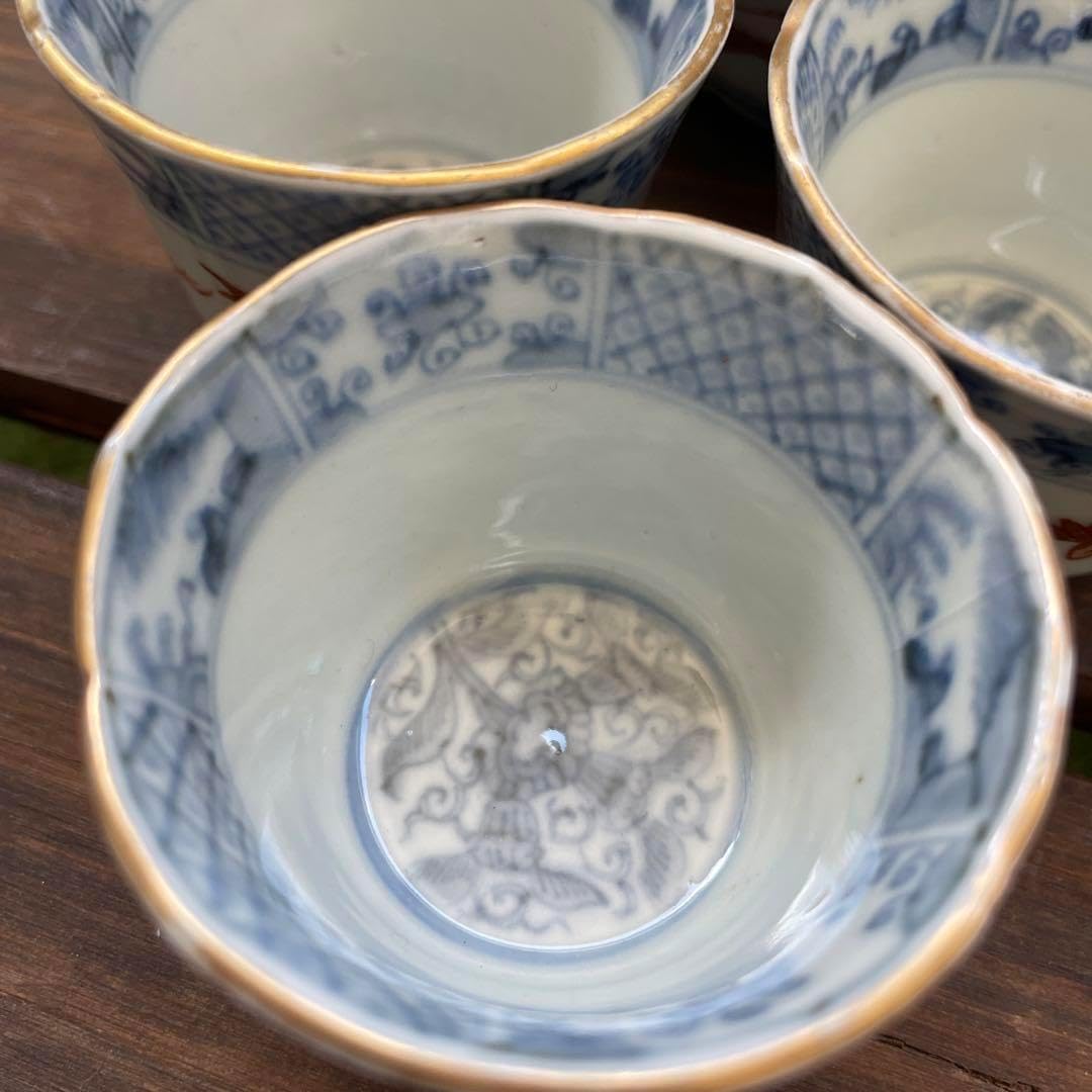 347【初期伊万里写 染付輪線文 蕎麦猪口5客】 検)加藤静