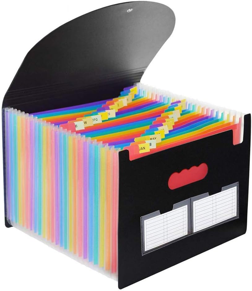 24 Pockets Expanding File Folder with Cover - Expandable Accordion File Organizer Portable Plastic Multi-Colour Large Capacity Document Holder A4/Size Letter Paper for Business/Office