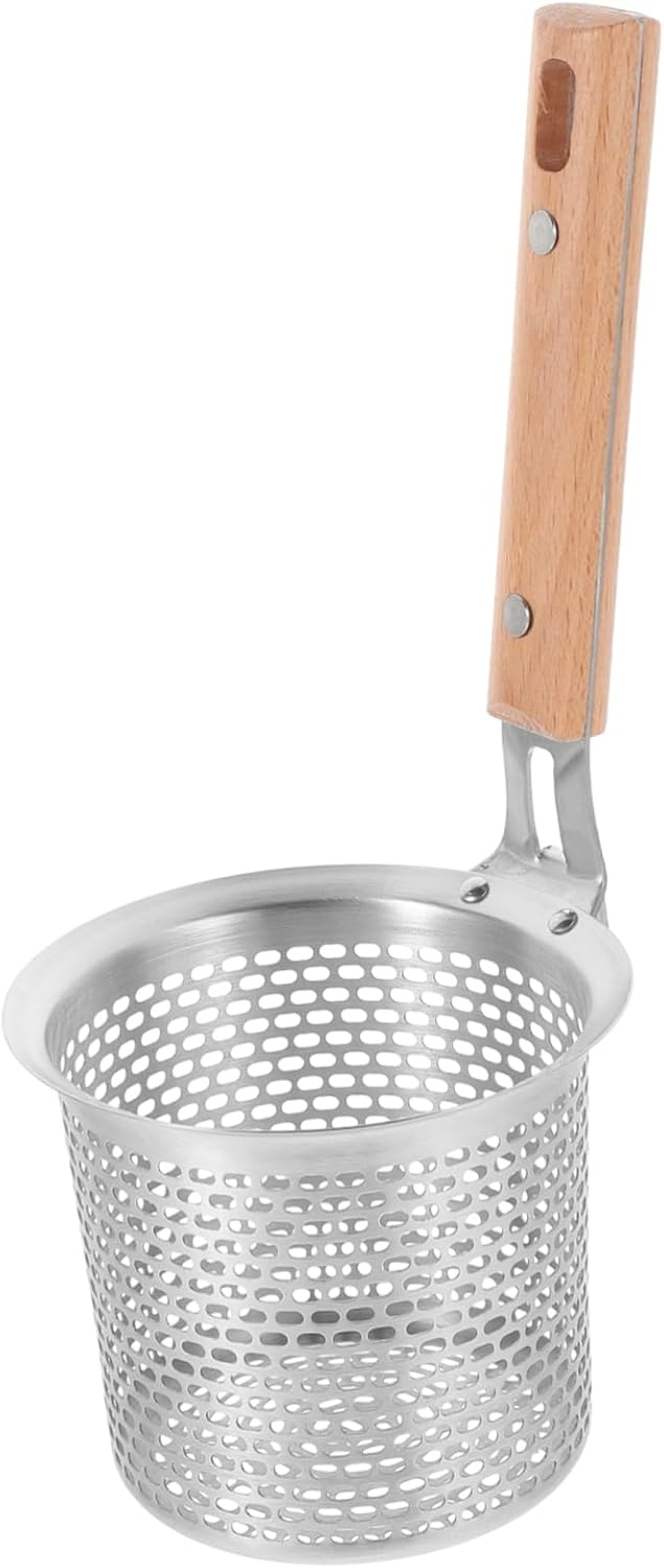 Mobestech 3pcs Stainless Steel Pasta Strainer Wooden Handle Fine Mesh Cooking Spoon for Hot Pot Noodle and Dumpling Easy to Clean Kitchen Tool