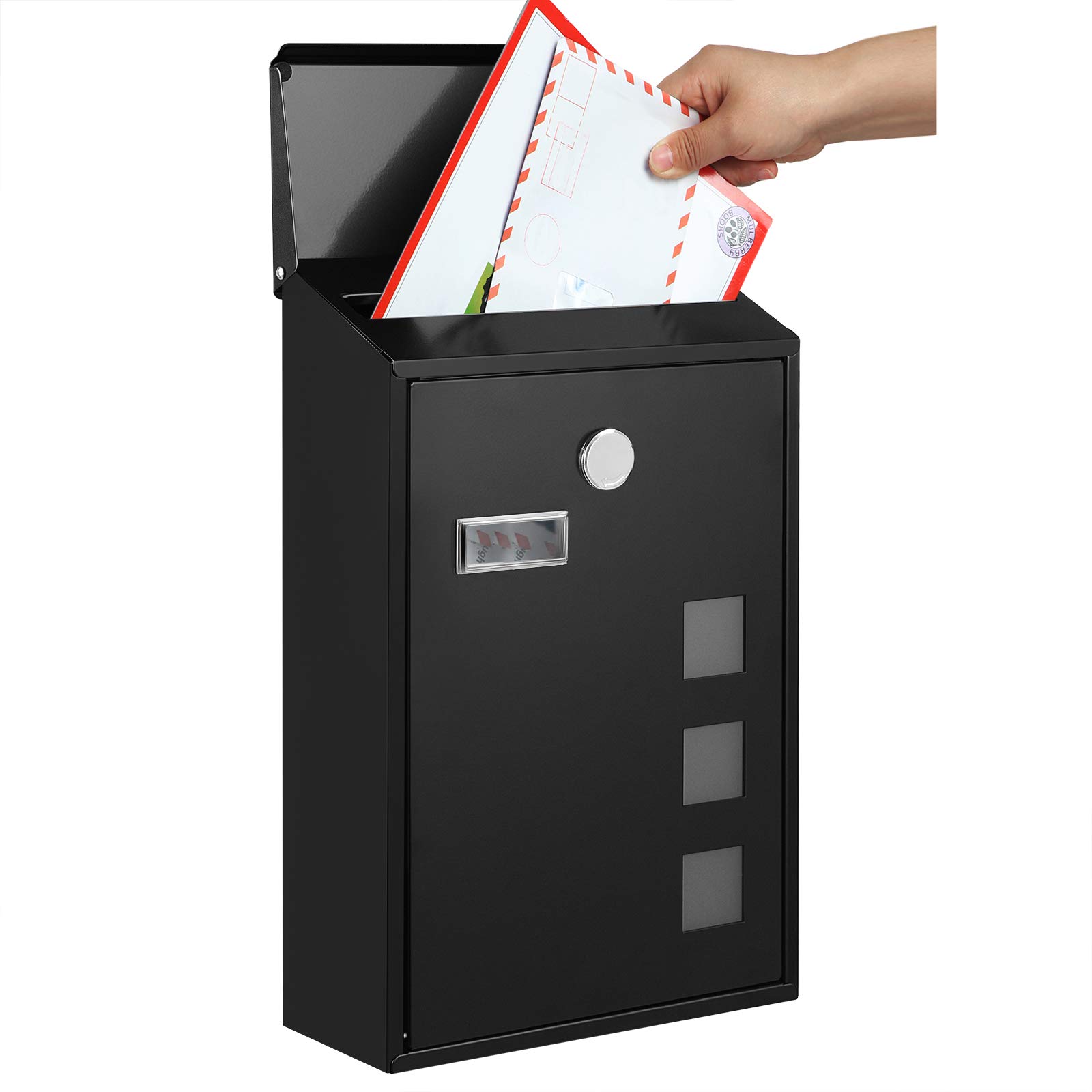 SONGMICS - Buzón de Pared Moderno, con Ventanas de visualización, Placa de identificación, Cerradura con núcleo de Cobre, fácil de Instalar, Negro GMB031B02