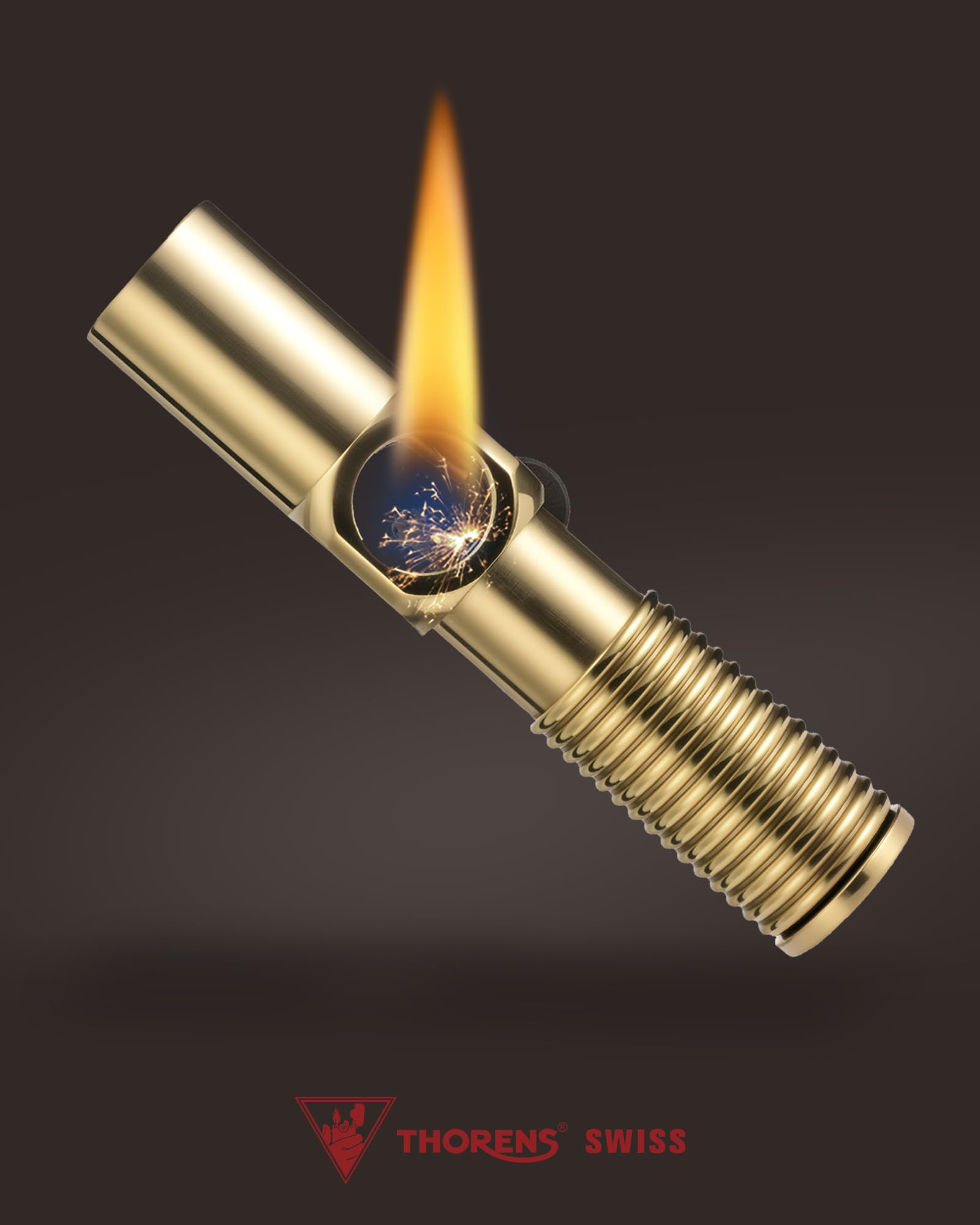 Thorens Big Screw Briquet Trench à Essence Laiton Anti-Vent | Vintage, rechargeable, flamme douce, double flamme, télescopique, molette, camping, cadeau homme unique