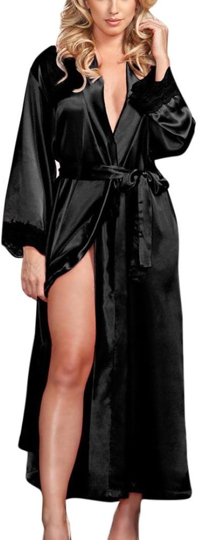Kolylong Sexy Long Silk Nightgowns, Kimono Dressing Gown Babydoll Lace Lingerie Bath Robe Evening Pajama (Black)