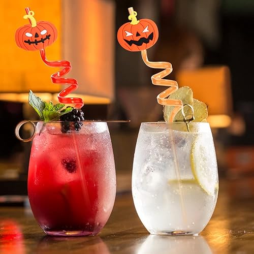 Miniatura 4 de Paquete de 24 agitadores de cóctel, pajitas curvas, transparentes, reutilizables, con patrón de calabaza, bruja y araña, pajitas para decoración de