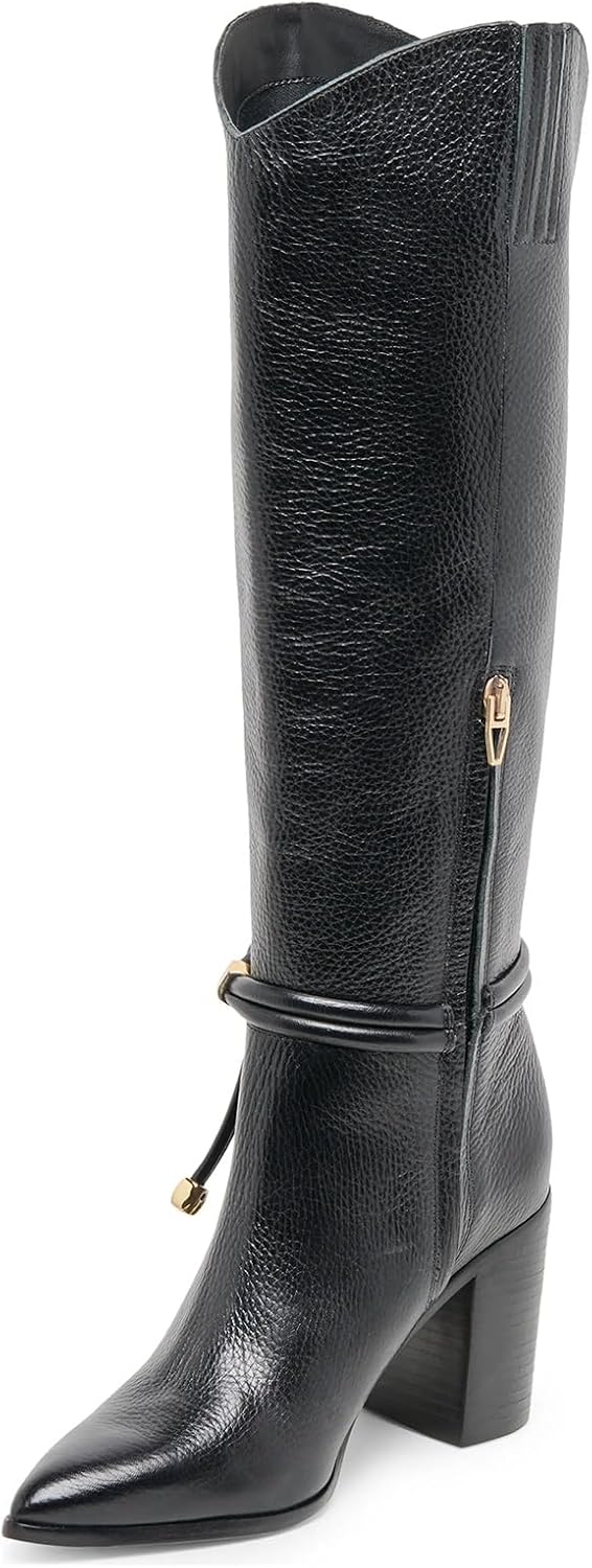 Yishaweiqi Suede Knee High Boots for Women Strap Pointed Toe Chunky Bloack Heel Boots Side Zipper Fall Western Boots - Image 3