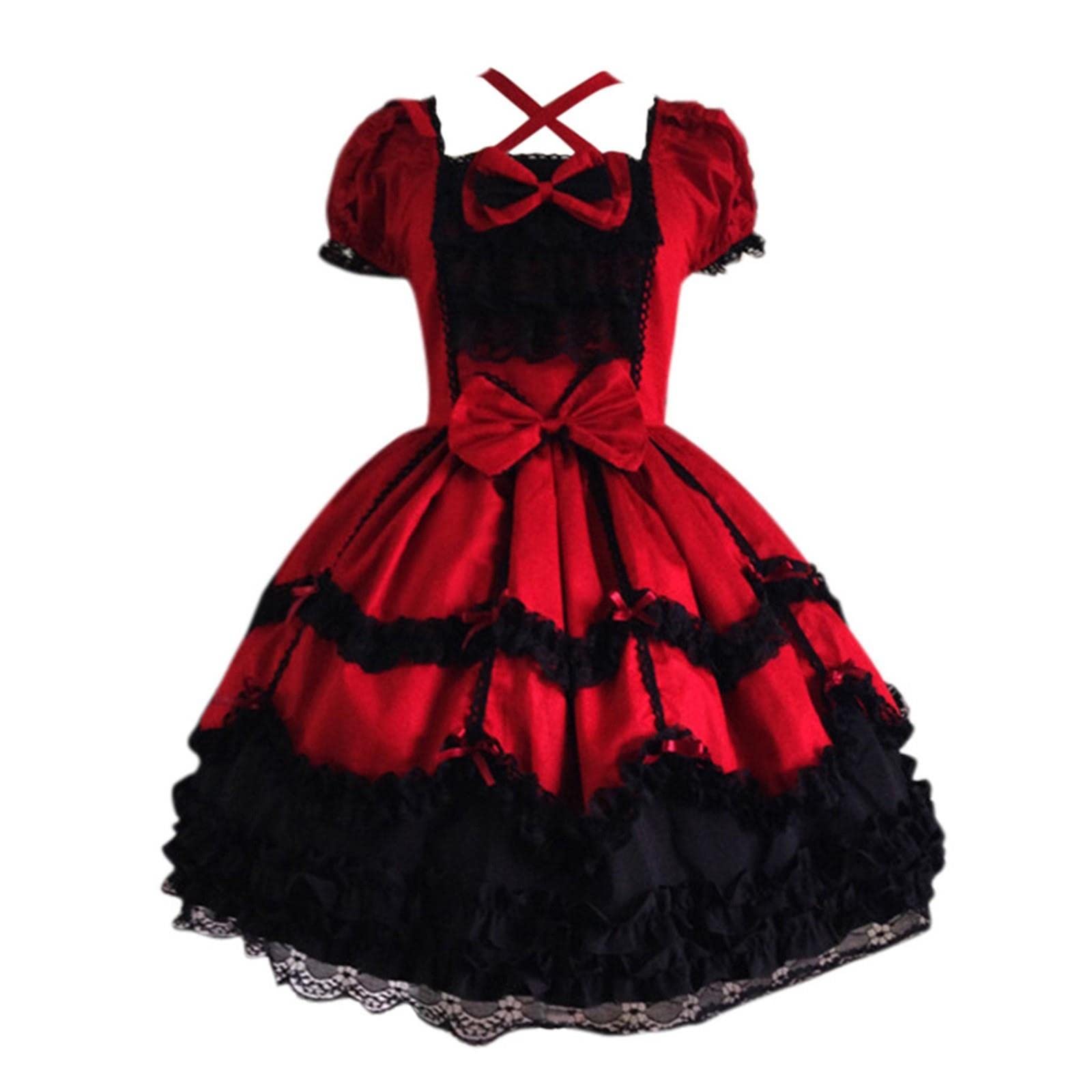 Japoński styl lolita kobiety sukienka w stylu Vintage gotycka kokarda koronkowa falbana z krótkim rękawem Patchwork sukienek Cos kostium