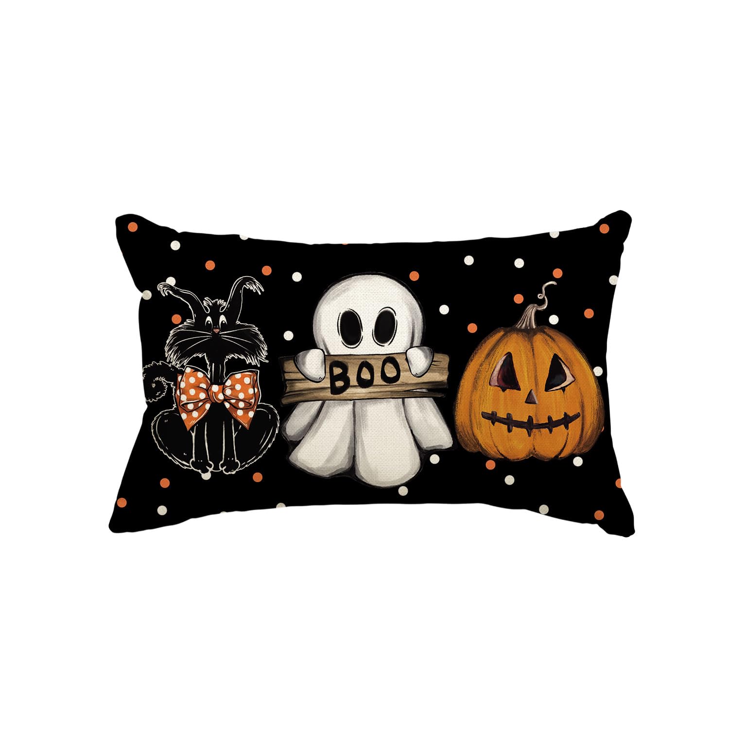 Halloween Cat Ghost Pumpkin Boo Throw Pillow Cover, 12 x 20 Inch Polka Dots Holiday Farmhouse Cushion Case Decoration for Sofa Couch