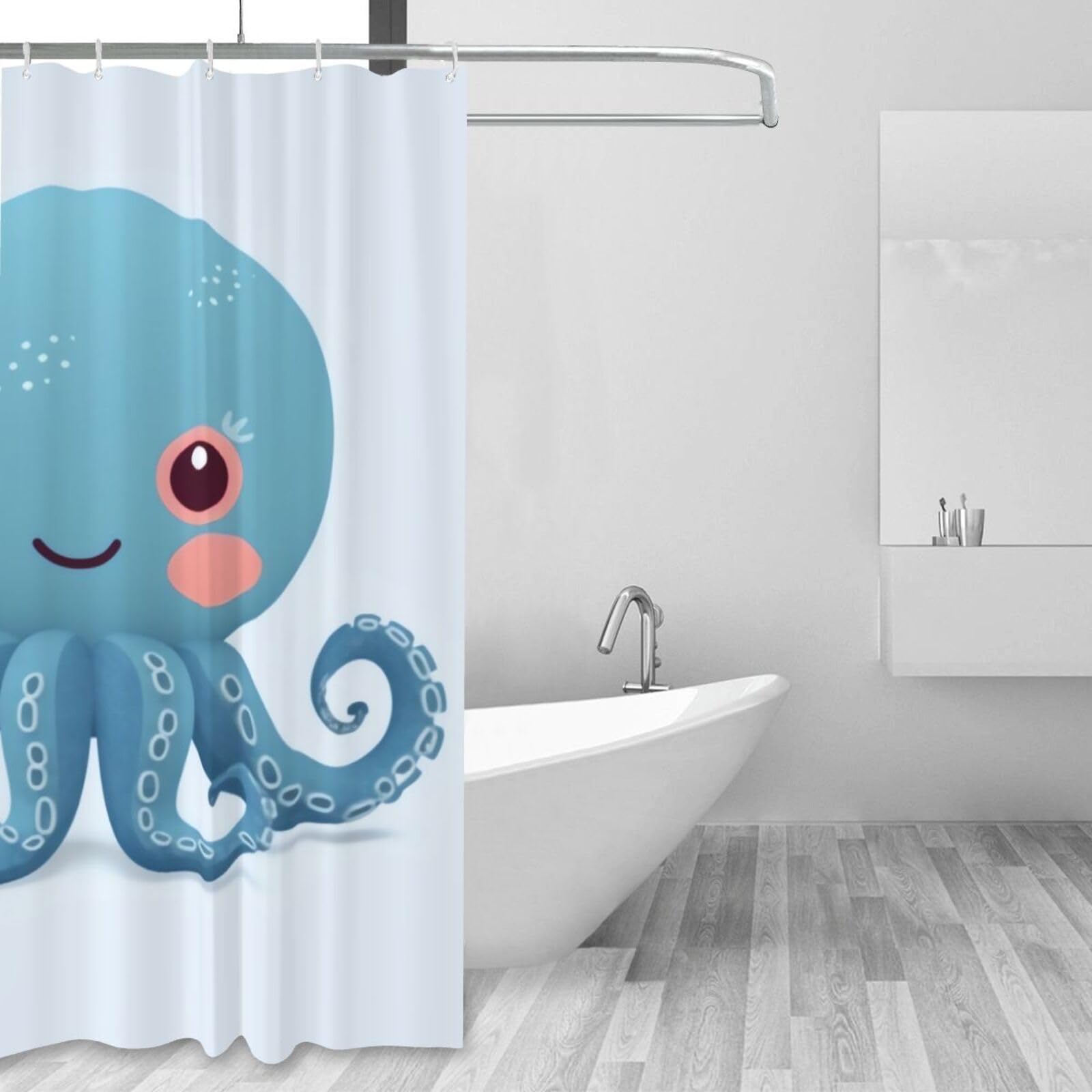 Rideau de douche imperméable anti-moisissure au motif pieuvre bleu pour baignoire