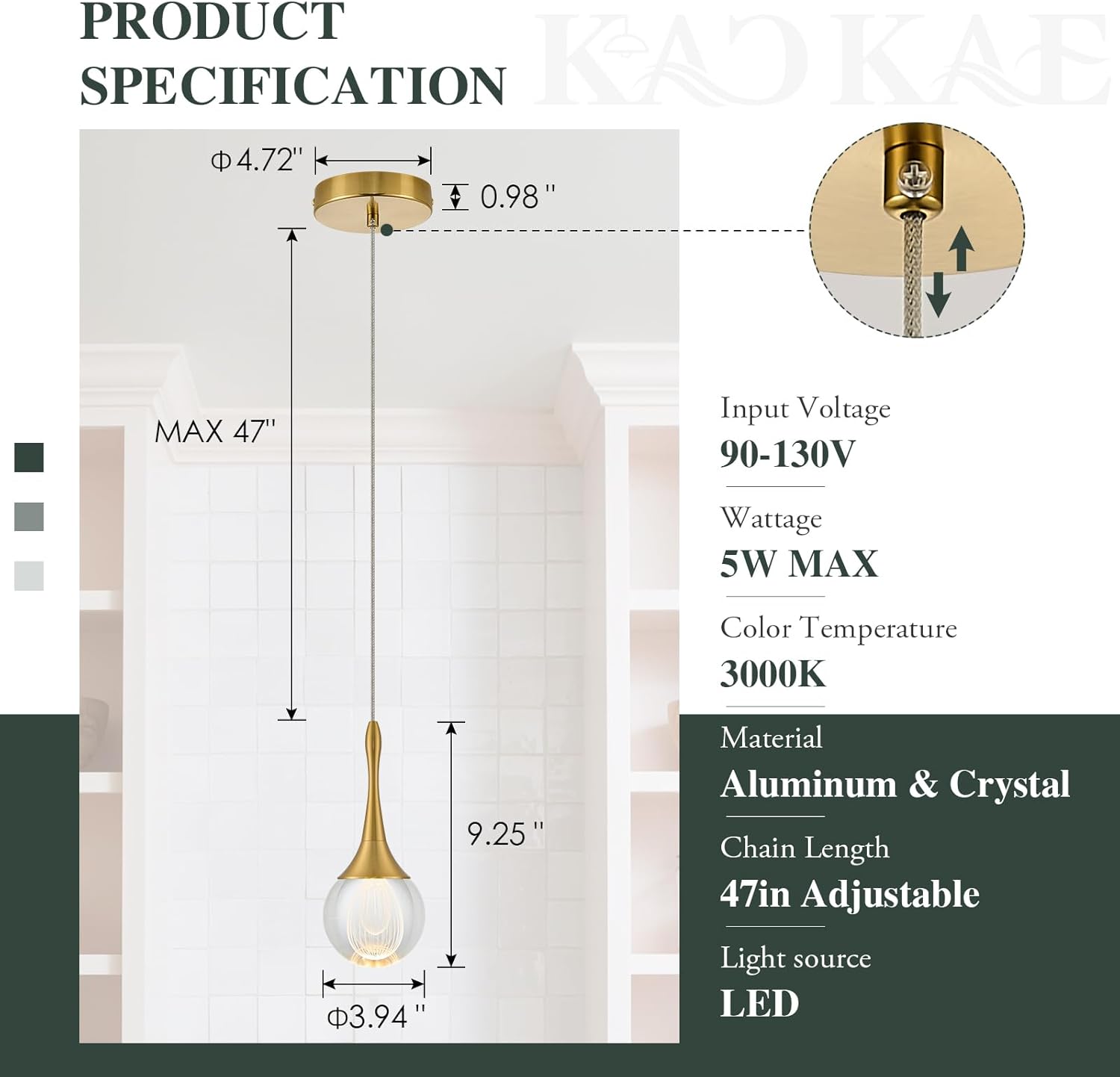 LED Pendant Light Kitchen Island Raindrop Crystal Pendant Lights Dimmable Gold Modern Hanging Light for Bedroom Bathroom Living Room 3000K Warm White, 1 Pack