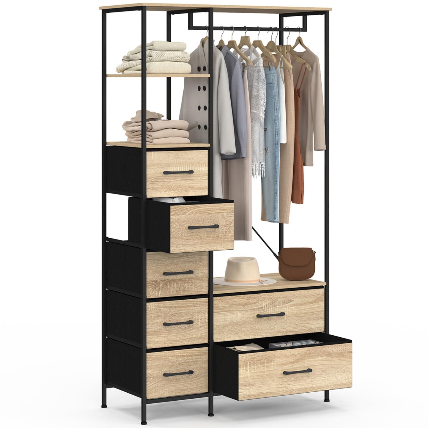 IDMarket - Armario de vestidor + columna B. 90 cm UTAH con 2 estantes y 7 contenedores de tela en madera y negro