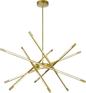 CWI Lighting Oskil 31 Inch Integrated LED Chandelier in Satin Gold Finish Modern Geometric Pendant Light for Dining Room, Kitchen, or Entryway