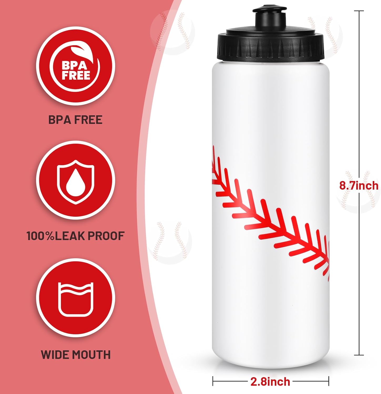 12 Pack Baseball Water Bottle Bulk with 300 PCS Stickers 20 oz Reusable BPA-Free Water Bottles for Boys Sports Squeeze Bottles Baseball Party Favors Gifts For Team - Image 3