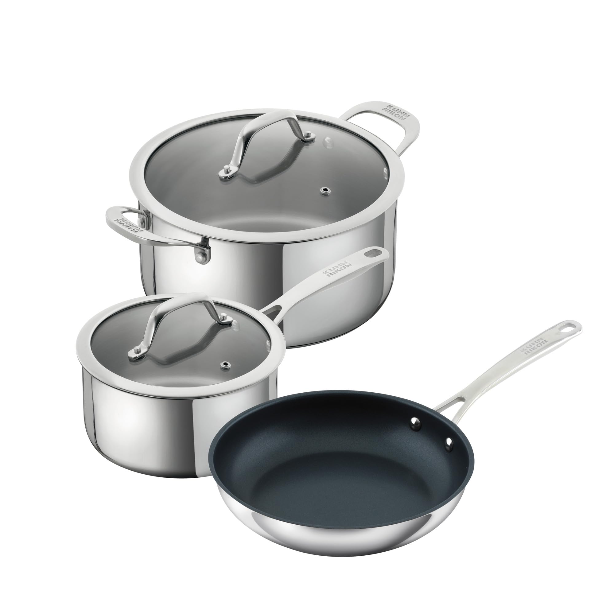 Kuhn Rikon Silver 3-Piece Mixed Cookware Set - 1.5L/16Cm Saucepan, 3.1L/20Cm Casserole & 24Cm Non-Stick Frying Pan. Stainless Steel Pans With Stay-Cool Handles. Oven, Dishwasher & Induction Pans - Allround