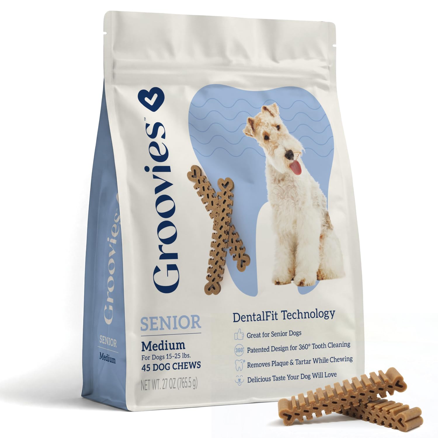 Groovies Senior & Gentle Chewers Dog Dental Treats, Flexible Texture, Patented Technology to Help Control Tartar & Freshen Breath, Medium Dog Chews (15-25 lbs), USA Manufactured Oral Care, 45 Count โ image 1