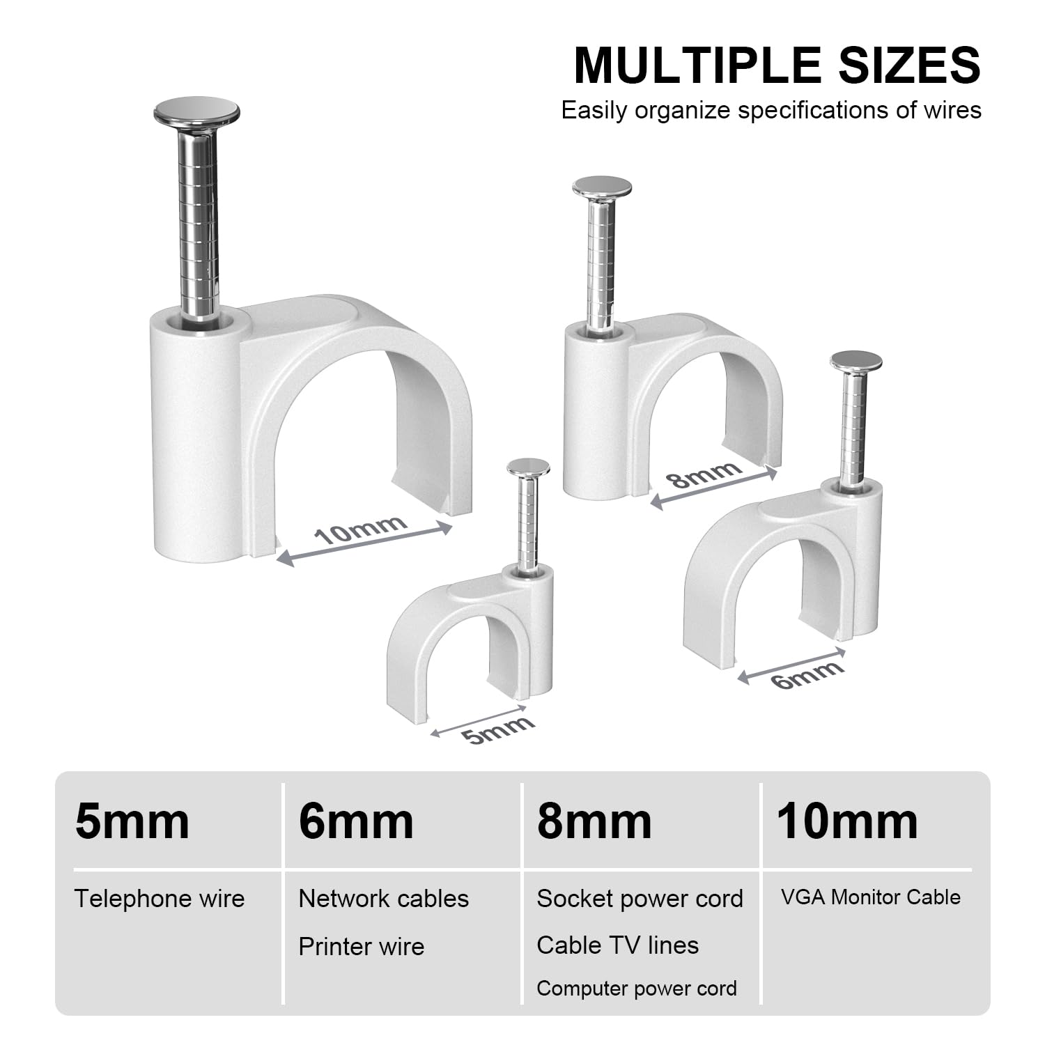 Jadaol Cable Clips with Nails, 400 Pack Cord Wire Clips (5mm 6mm 8mm 10mm), Nail-in Round Cable Tacks for Ethernet Cable, Coaxial, TV, Speaker, Electrical Wire, White — Amazon image 2
