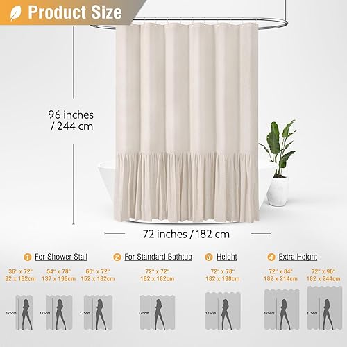 Miniatura 5 de BTTN Cortina de ducha de lino extralarga, 72 x 96 pulgadas de largo, juego de cortina de ducha de tela resistente con dobladillo con volantes