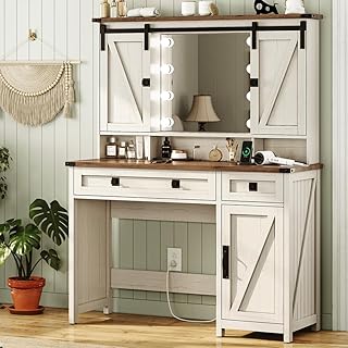 AOGLLATI Makeup Vanity with Lights & Barn Doors, Vanity Desk with Mirror...