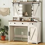 AOGLLATI Makeup Vanity with Lights & Barn Doors, Vanity Desk with Mirror and Lights & Charging Station, Farmhouse White Vanity Table with Jewelry Hooks and Open Storage Shelves