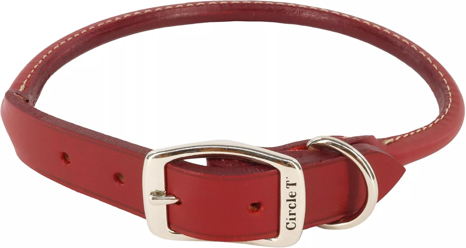 Coastal Pet - Circle T Oak Tanned Leather Round Dog Collar - Comfortable for Dogs with Long Hair or Sensitive Skin - Pet Collar Made from Full-Grain Leather - Red, 1" x 22"