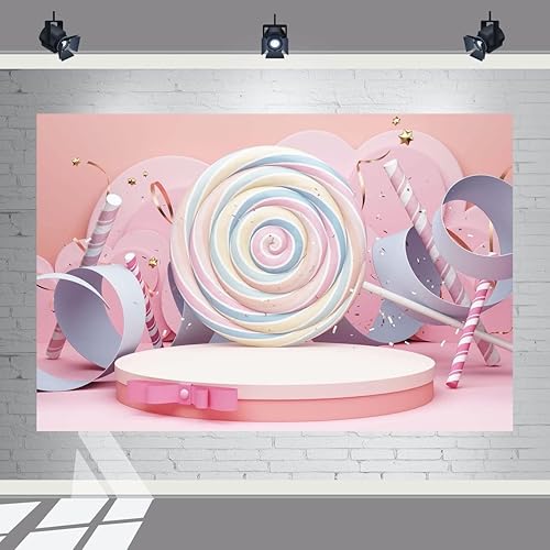 Telón de fondo de piruleta rosa de 5 x 3 pies para decoración de fiesta de cumpleaños. Fondo de barra de caramelo rosa para cumpleaños. Cartel de
