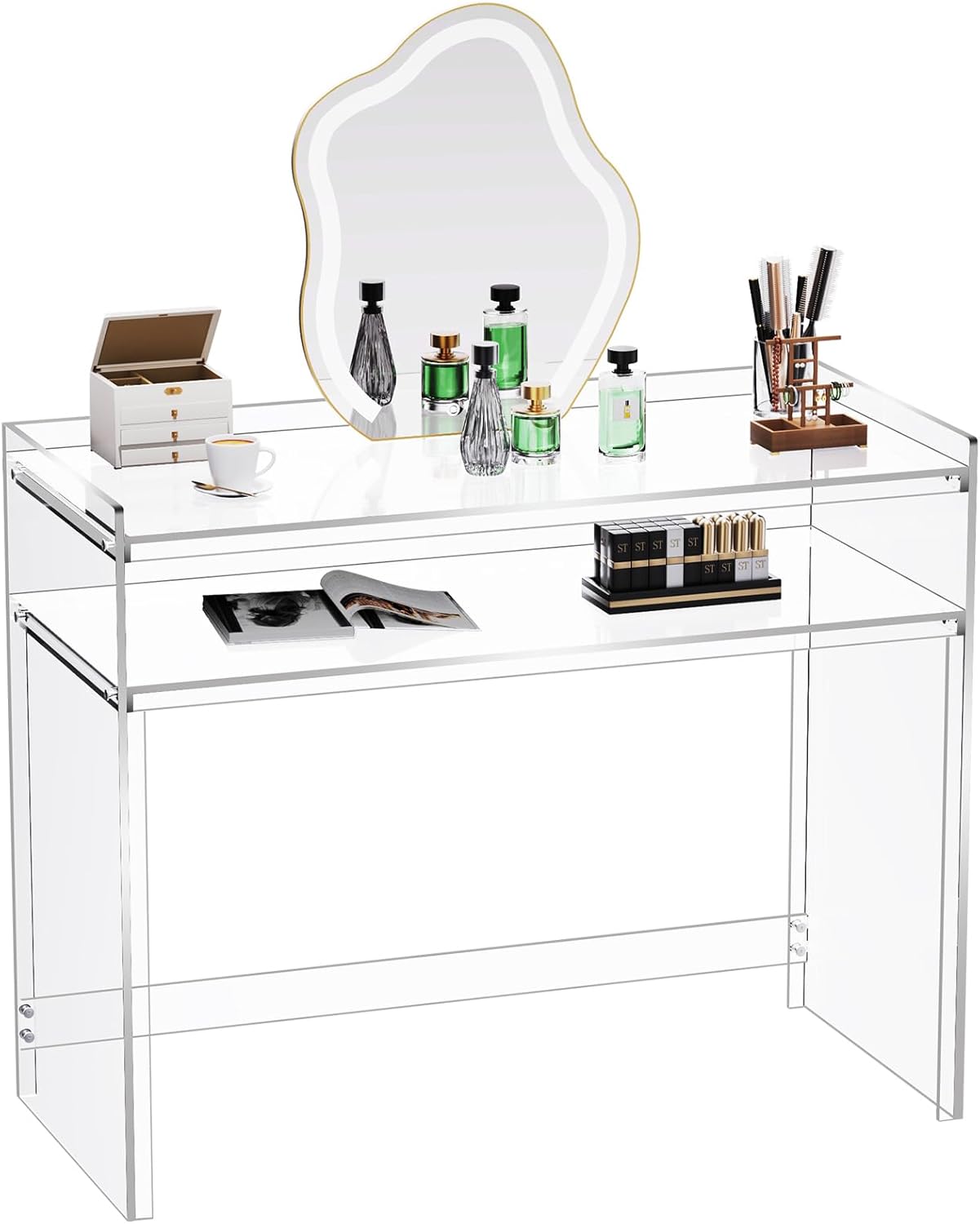 Acrylic Vanity Clear Desk Make Up Table with Storage Shelves 17.7" D x 39.4" W x 31.5" H （Without Mirror ）