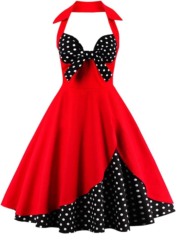 Women's Vintage Dress Ladies Cotton Sexy Retro 1950s Halterneck Rockabilly Swing Floral Print Tea Hem Party Skater A Line Prom Cocktail Party Homecoming Dress