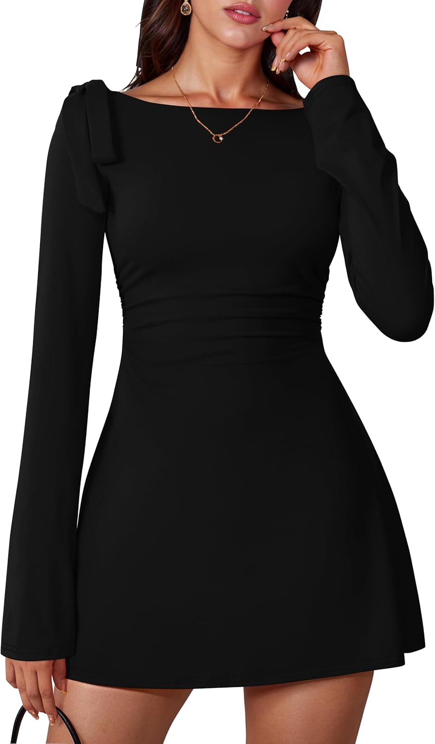 Women's Long Sleeve Boat Neck Bodycon Ruched Elegant Bow Tie Party Mini Dress