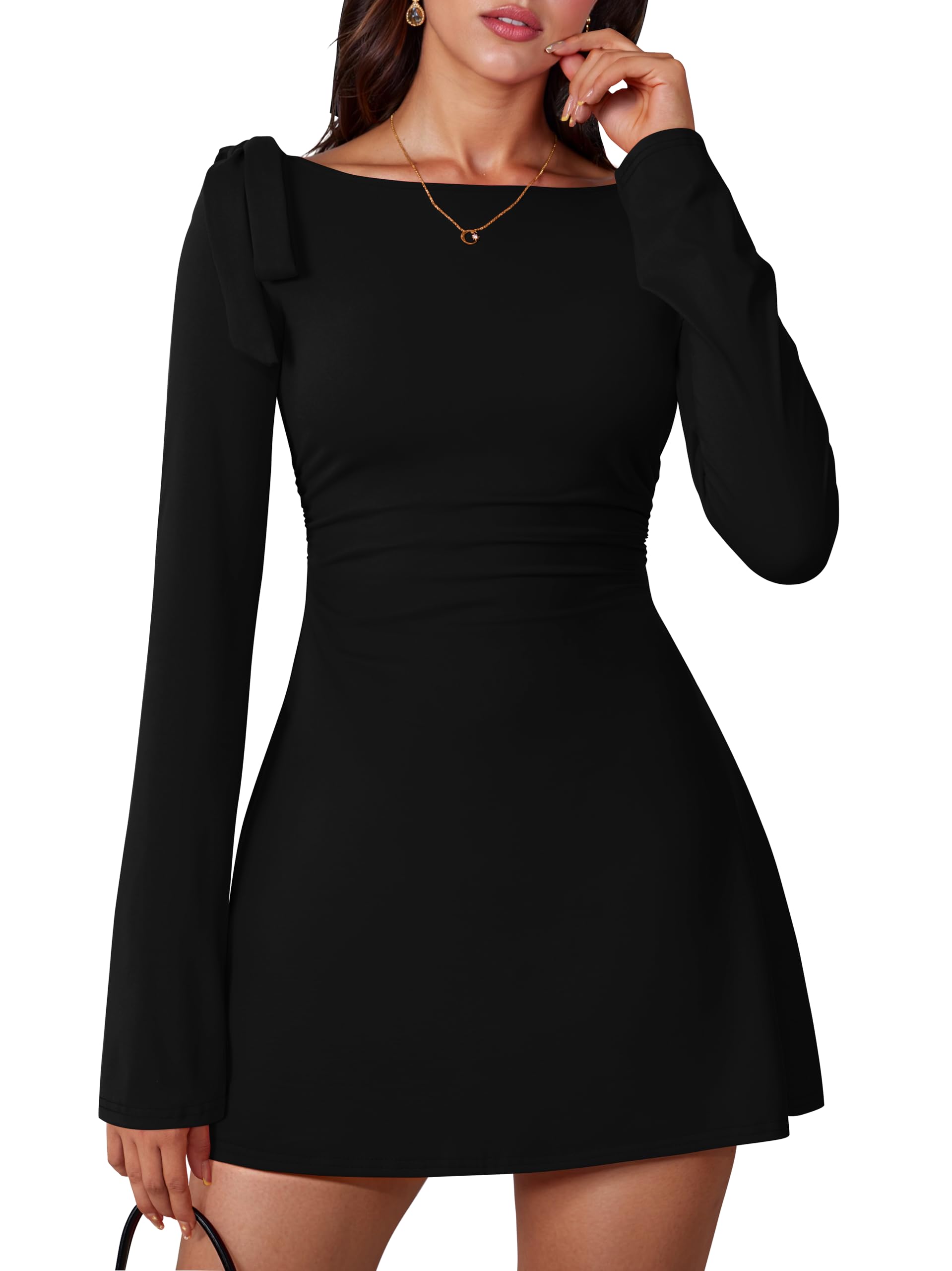 Womens Long Sleeve Boat Neck Bodycon Ruched Elegant Bow Tie Party Mini Dress