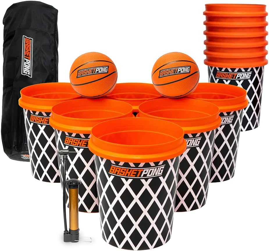 Giant Yard Pong X Basket Ball Game with Durable Balls and Buckets, Outdoor Game for Lawn, Backyard and Beach, Set Includes 12 Buckets, 2 Basket Balls, Carrying Bag and Air Pump
