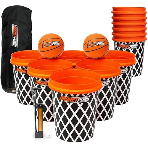 BasketPong Giant Yard Pong and Basketball Game with 12 Buckets, 2 Balls, Carrying Bag, and Air Pump – Outdoor Game for Lawn, Backyard, Beach, and Parties