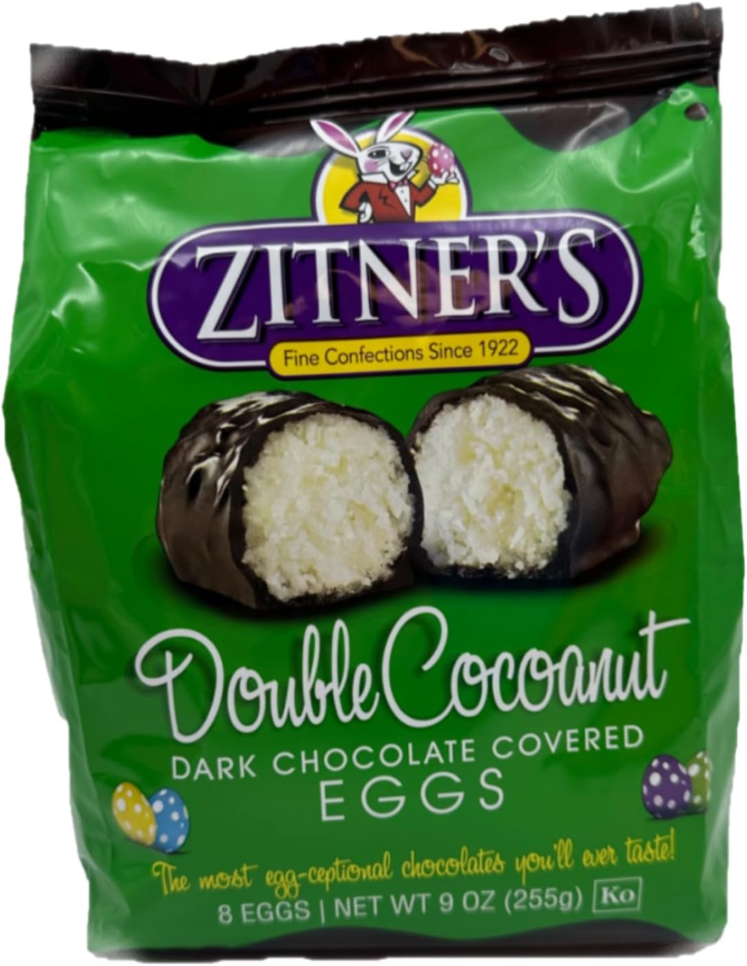 Zitner's Double Cocoanut Dark Chocolate Covered Eggs, 9 oz. Box of 8 Eggs