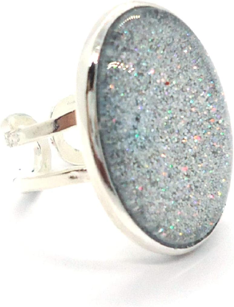 Large Silver Plated Adjustable Ring with Glitter Glass Stone