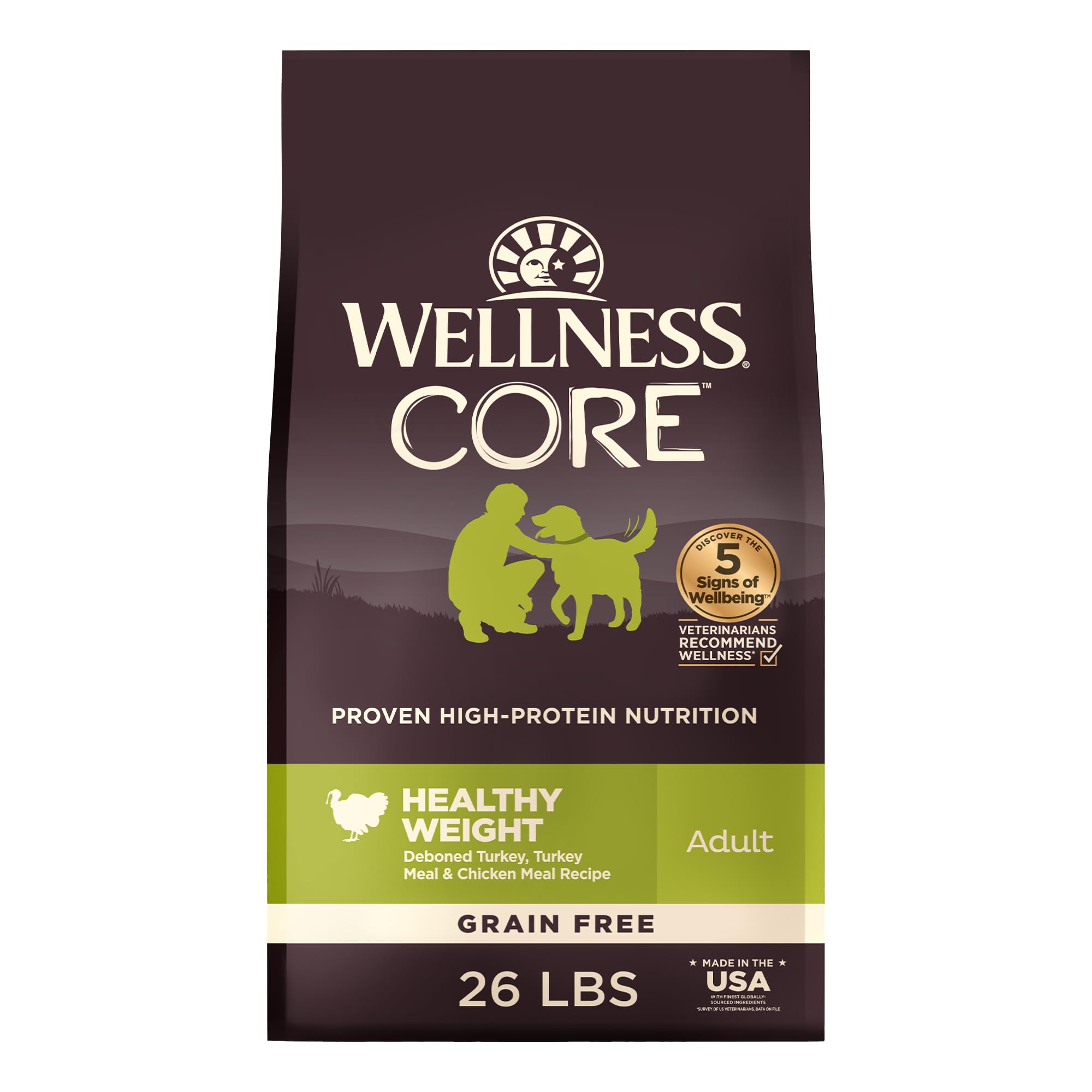 WellnessCORE Dry Dog Food, Grain-Free, High Protein, Natural, Healthy Weight Turkey & Chicken Recipe, (26-Pound Bag)